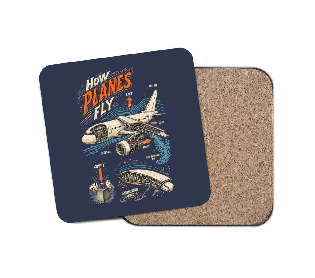 How Planes Fly V2 design on navy blue 1 piece coaster