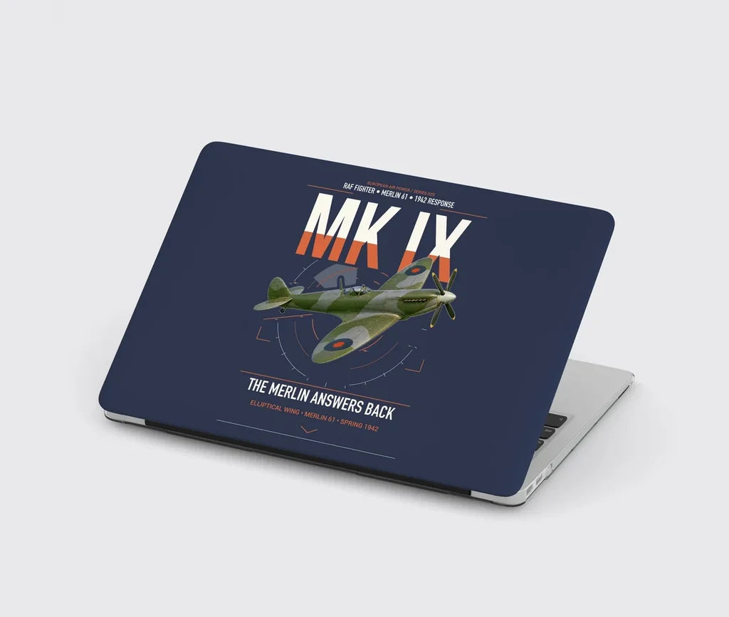 Supermarine Spitfire Mk IX design on navy blue MacBook case