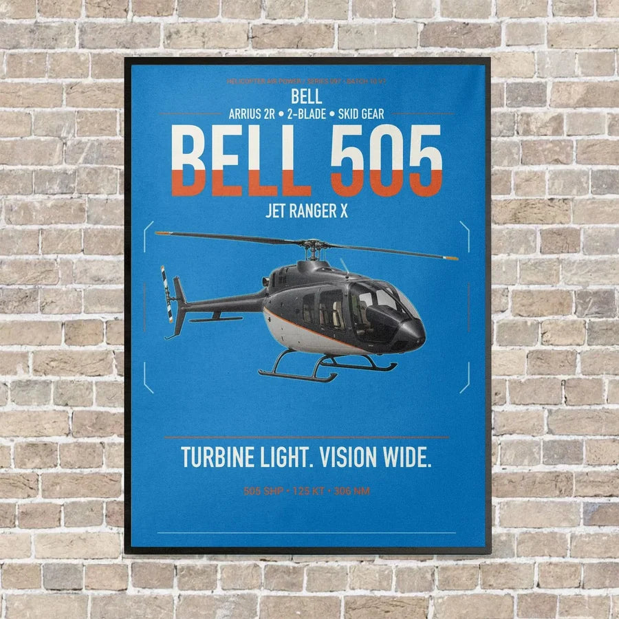 Bell 505 Jet Ranger X vertical canvas print - framed - turquoise background