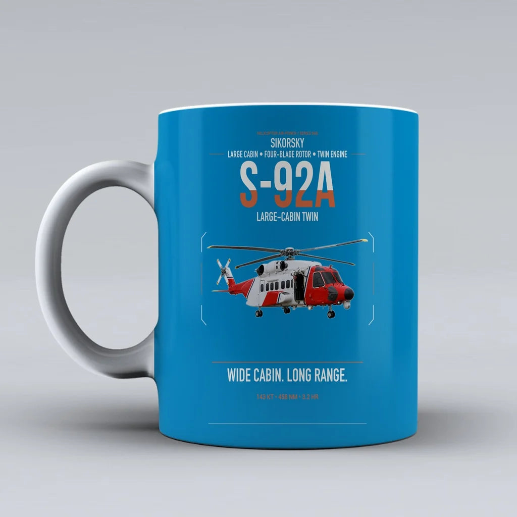 Sikorsky S-92A design on turquoise ceramic mug, double-side print
