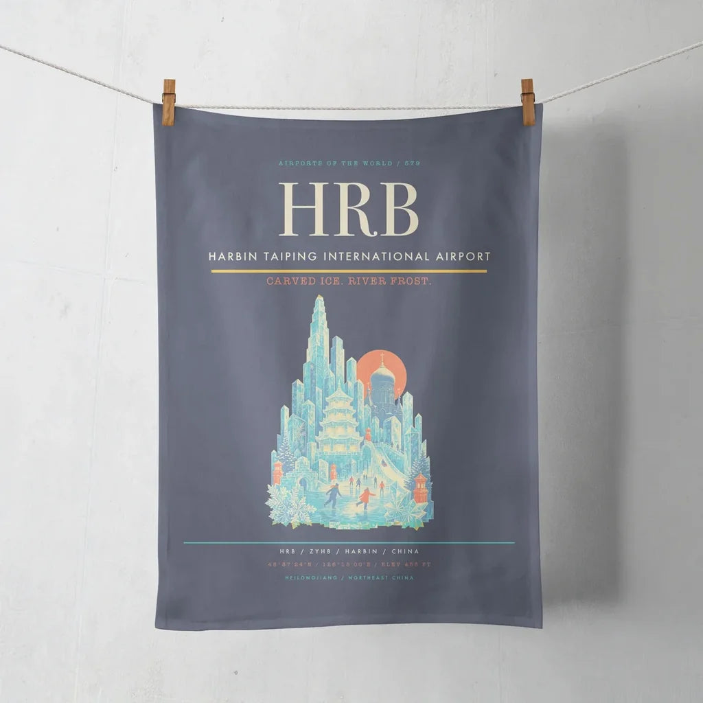 Harbin Taiping International Airport (HRB) design on navy blue towel