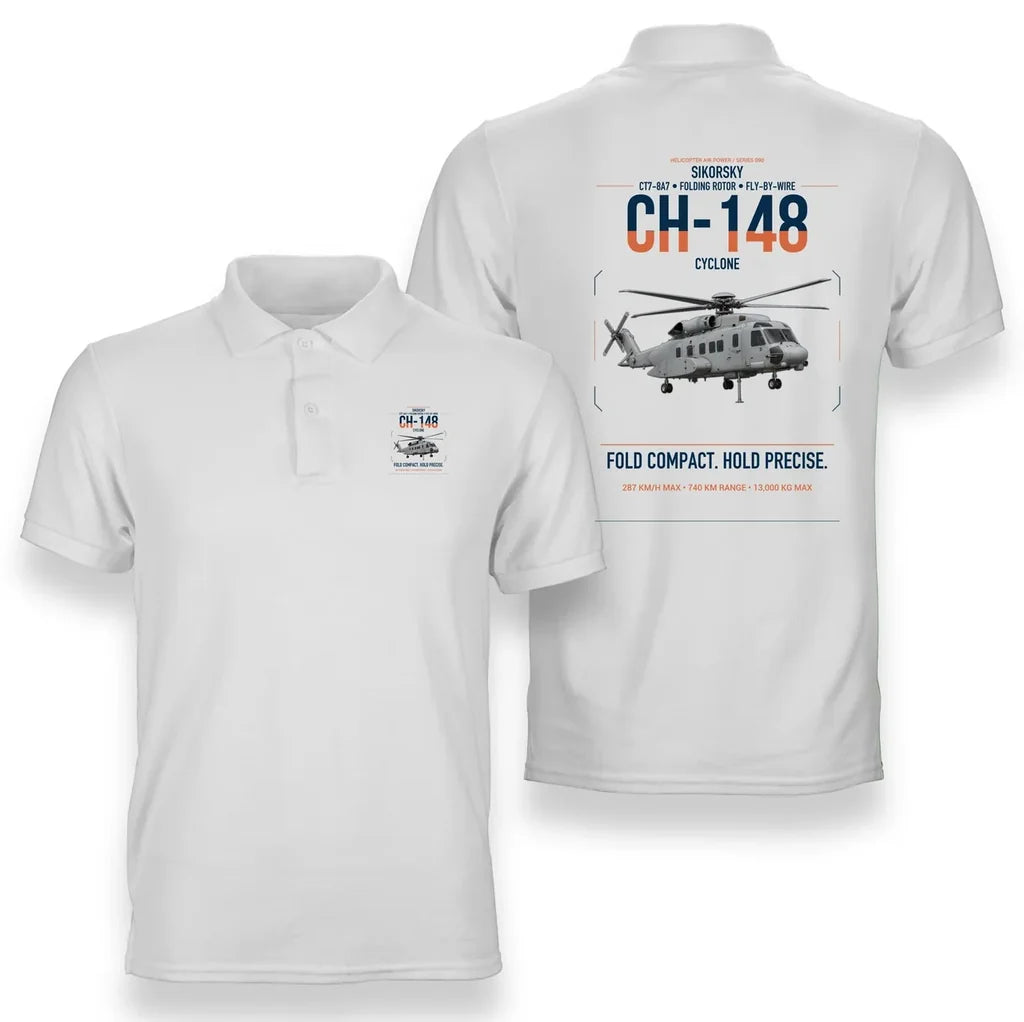 Sikorsky CH-148 Cyclone design on white double-side polo t-shirt, double-side print