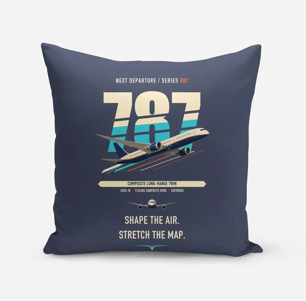 Boeing 787-9 Dreamliner design on navy blue pillow