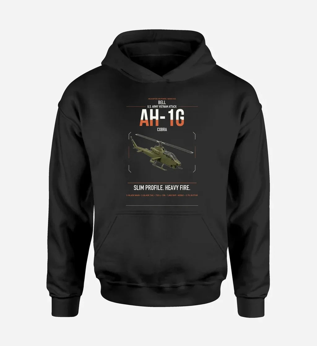 Bell AH-1G Cobra design on black double-side hoodie, single-side print
