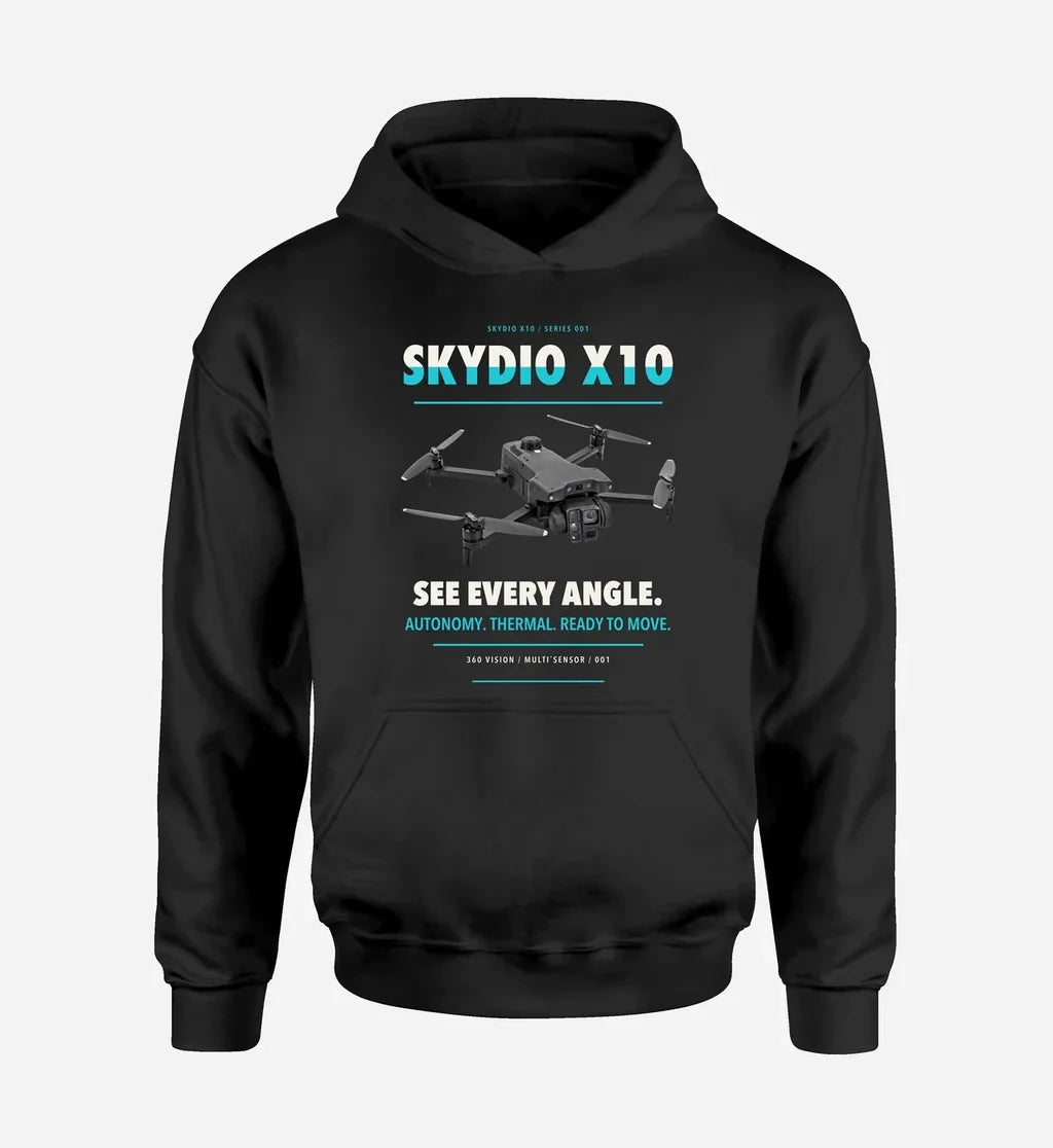 Skydio X10 design on black hoodie single side