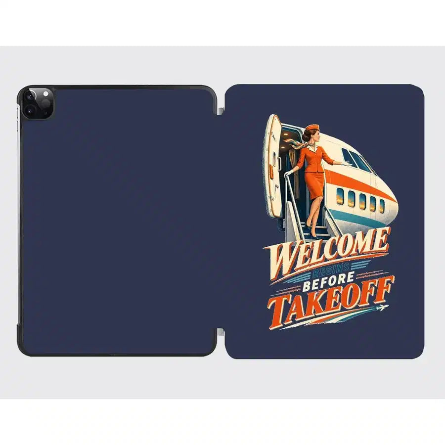 Welcome Begins Before Takeoff design on navy blue ipad tablet case