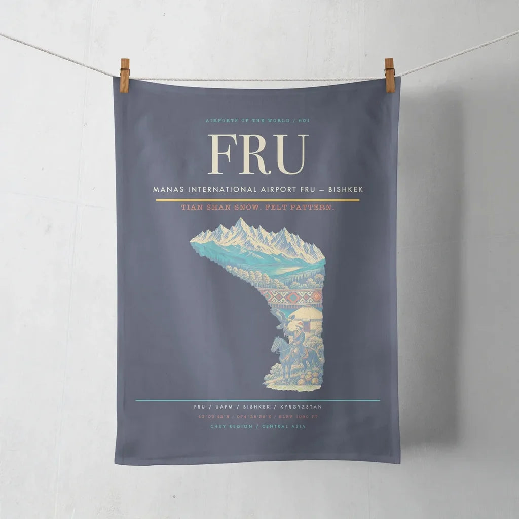 Manas International Airport (FRU) design on navy blue towel