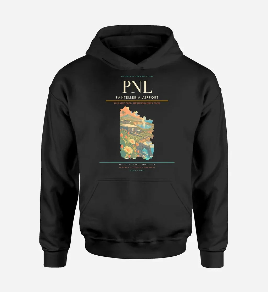 Pantelleria Airport (PNL) design on black hoodie single-side print