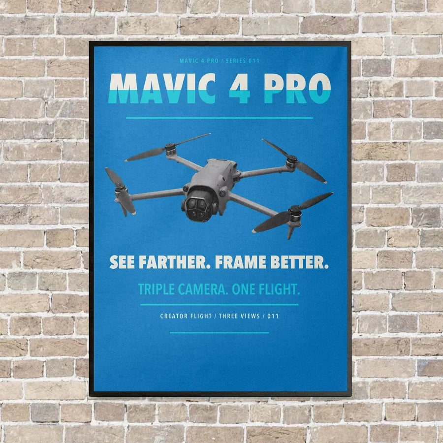 DJI Mavic 4 Pro vertical canvas print - framed - turquoise background