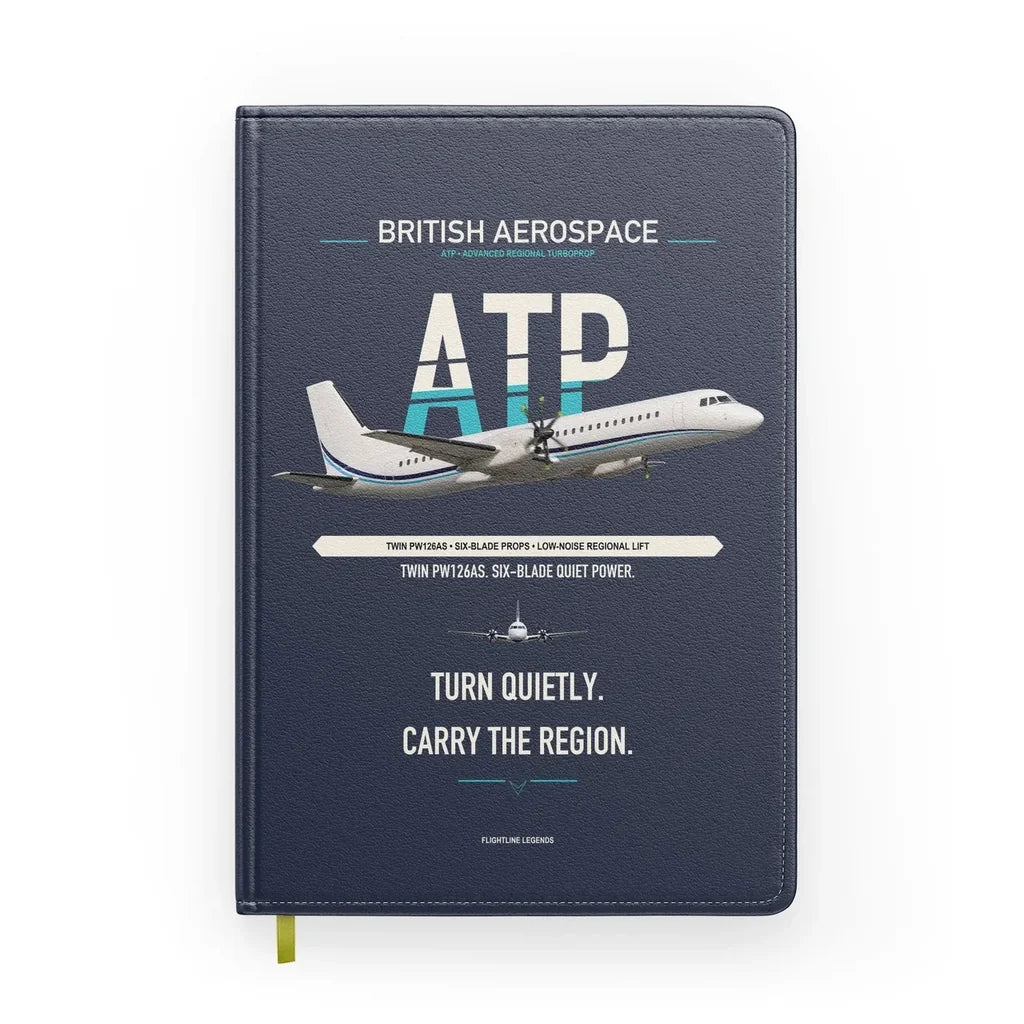 British Aerospace ATP design on navy blue notebook