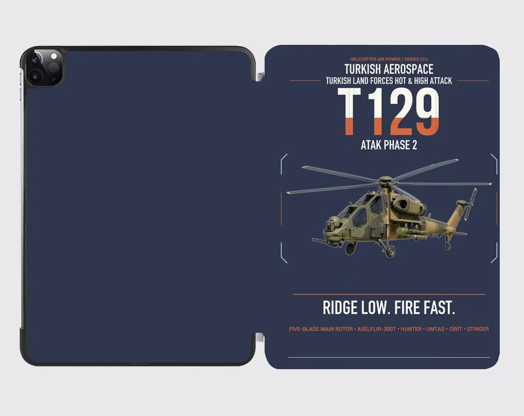 Turkish Aerospace T129 ATAK Phase 2 design on navy blue ipad tablet case