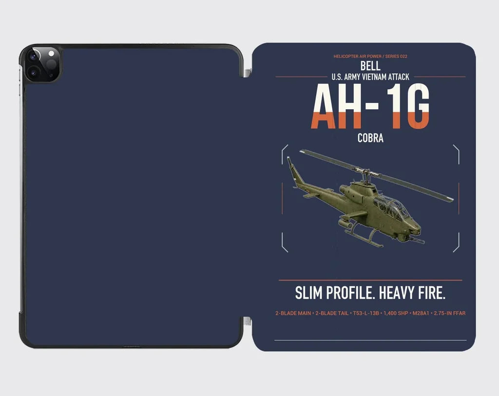 Bell AH-1G Cobra design on navy blue ipad tablet case