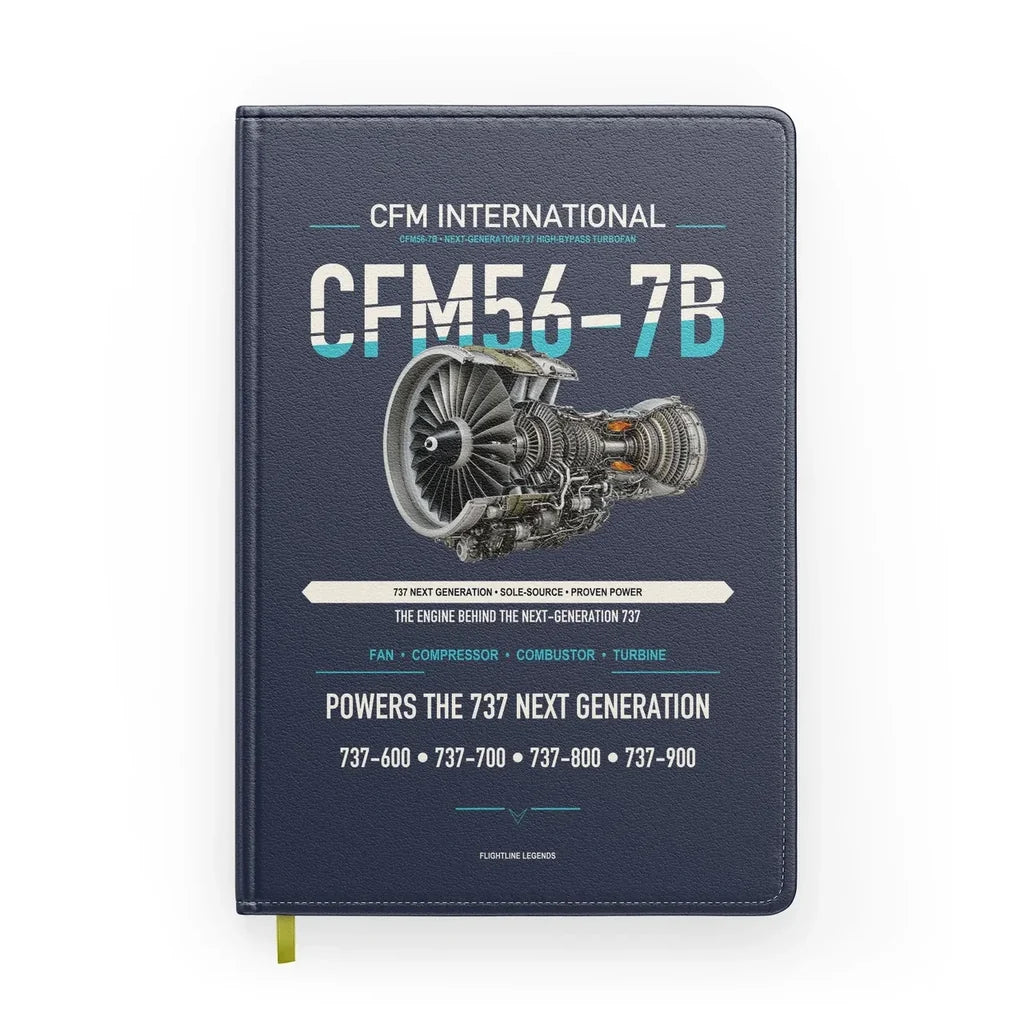 CFM56-7B design on navy blue notebook