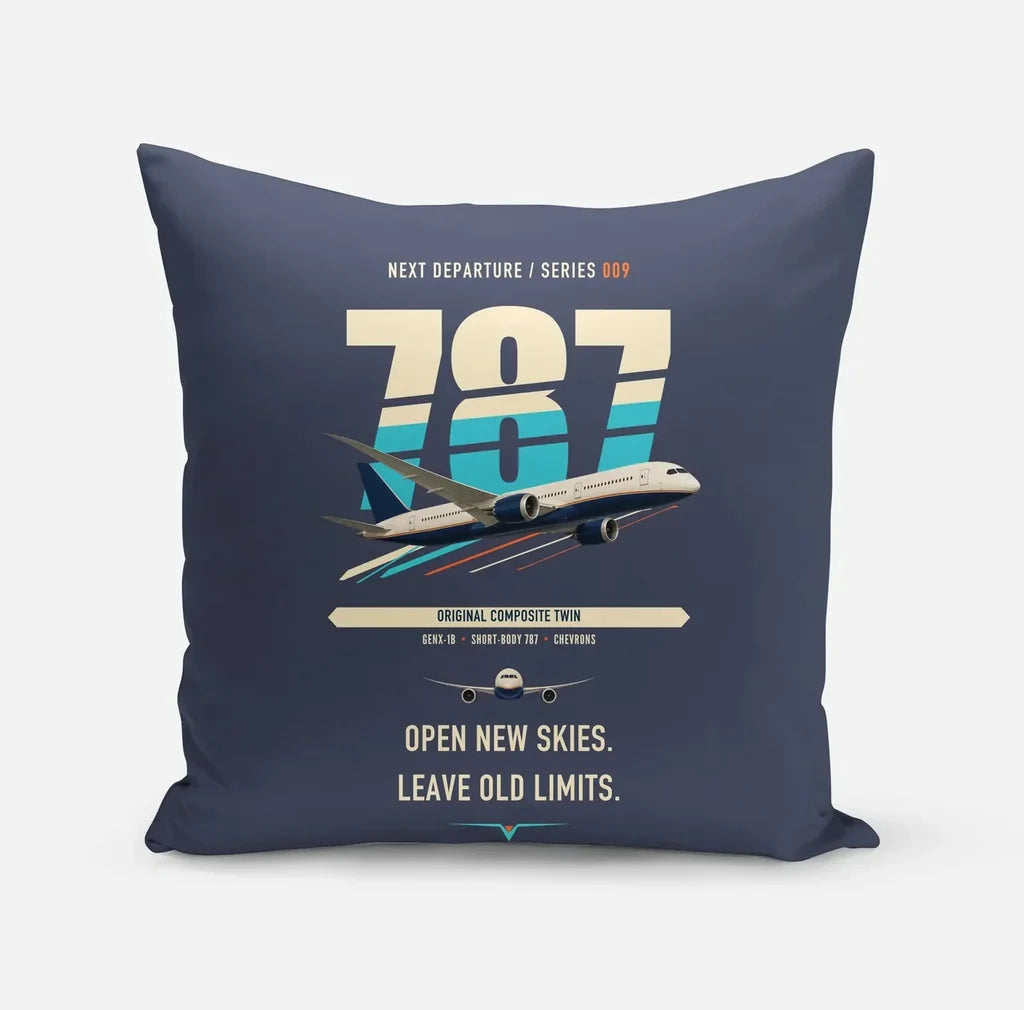 Boeing 787-8 Dreamliner design on navy blue pillow