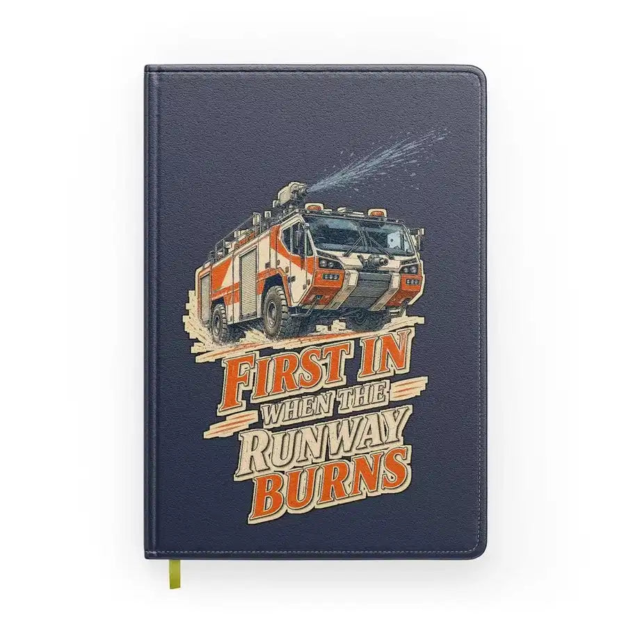 First In When The Runway Burns design on navy blue notebook