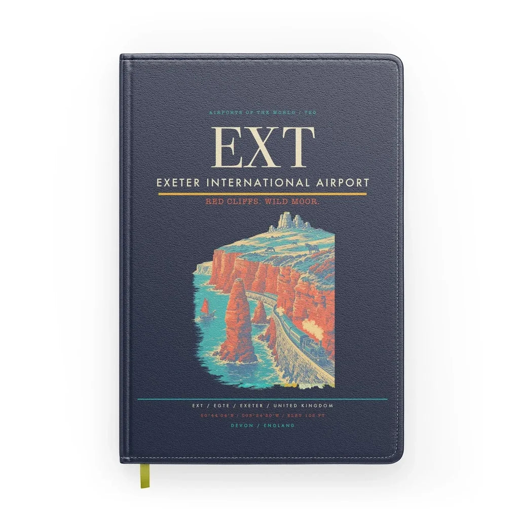 Exeter International Airport (EXT) design on navy blue notebook