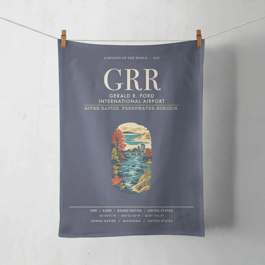 Gerald R. Ford International Airport Grand Rapids (GRR) design on navy blue towel