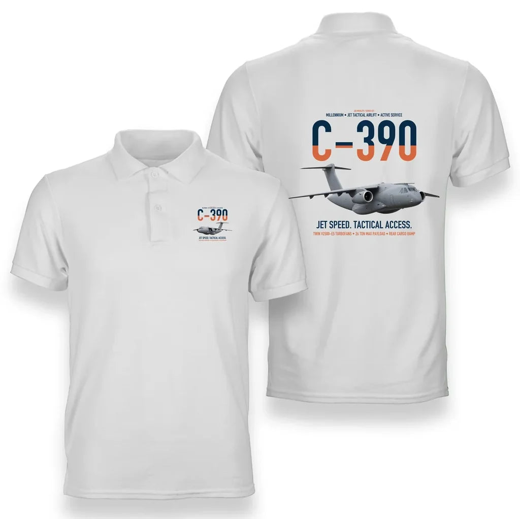 C-390 Millennium design on white double-side polo t-shirt, double-side print