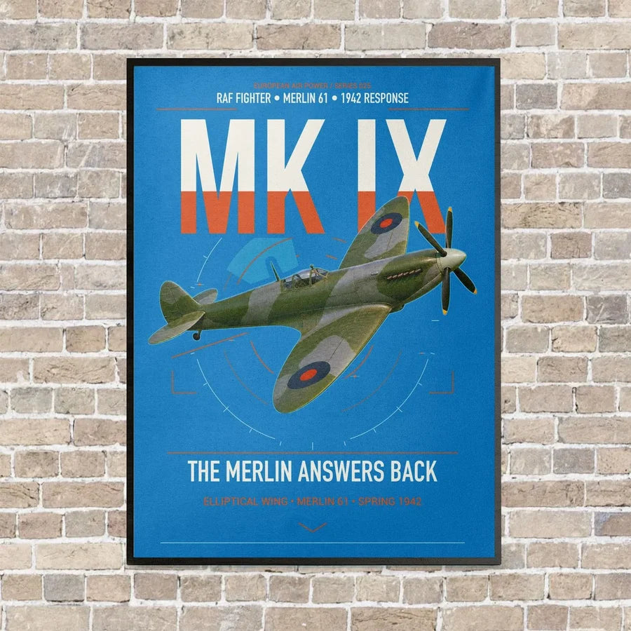 Supermarine Spitfire Mk IX vertical canvas print - framed - turquoise background