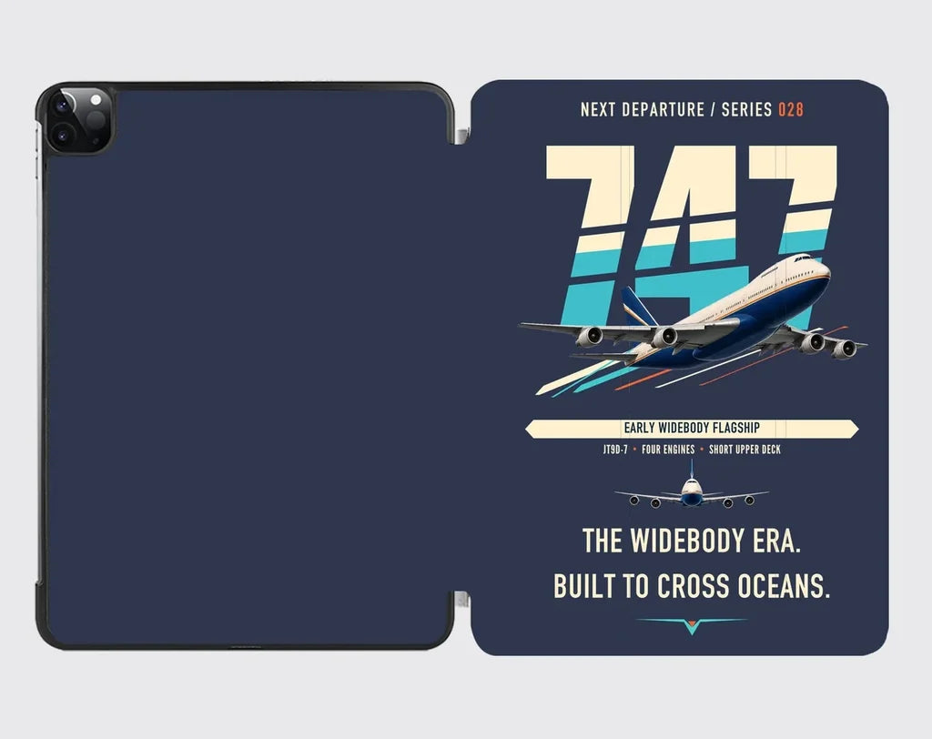 Boeing 747-200B design on navy blue ipad tablet case