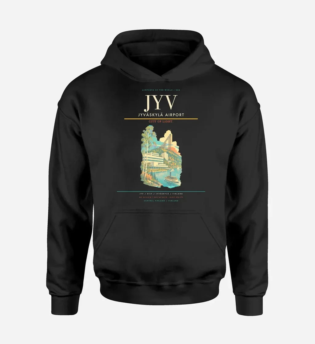 Jyväskylä Airport (JYV) design on black hoodie single-side print