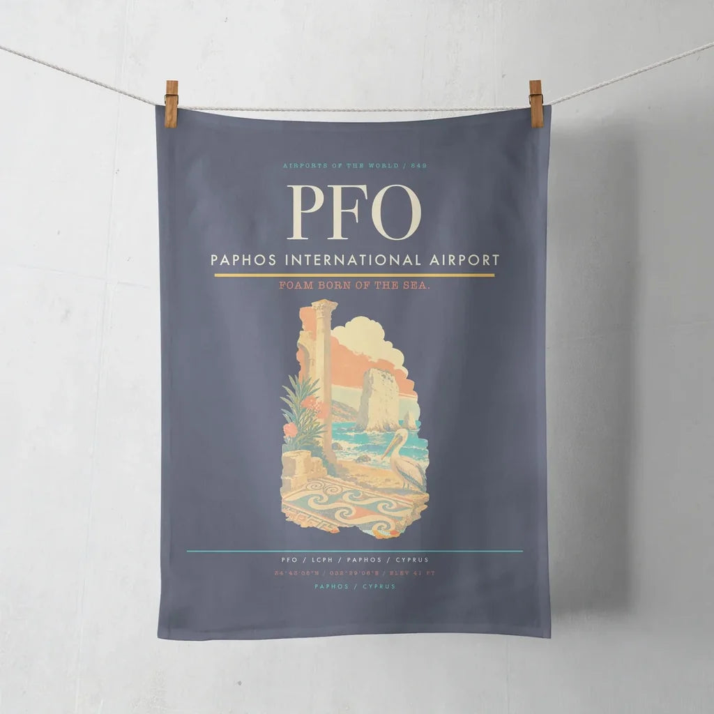 Paphos International Airport (PFO) design on navy blue towel
