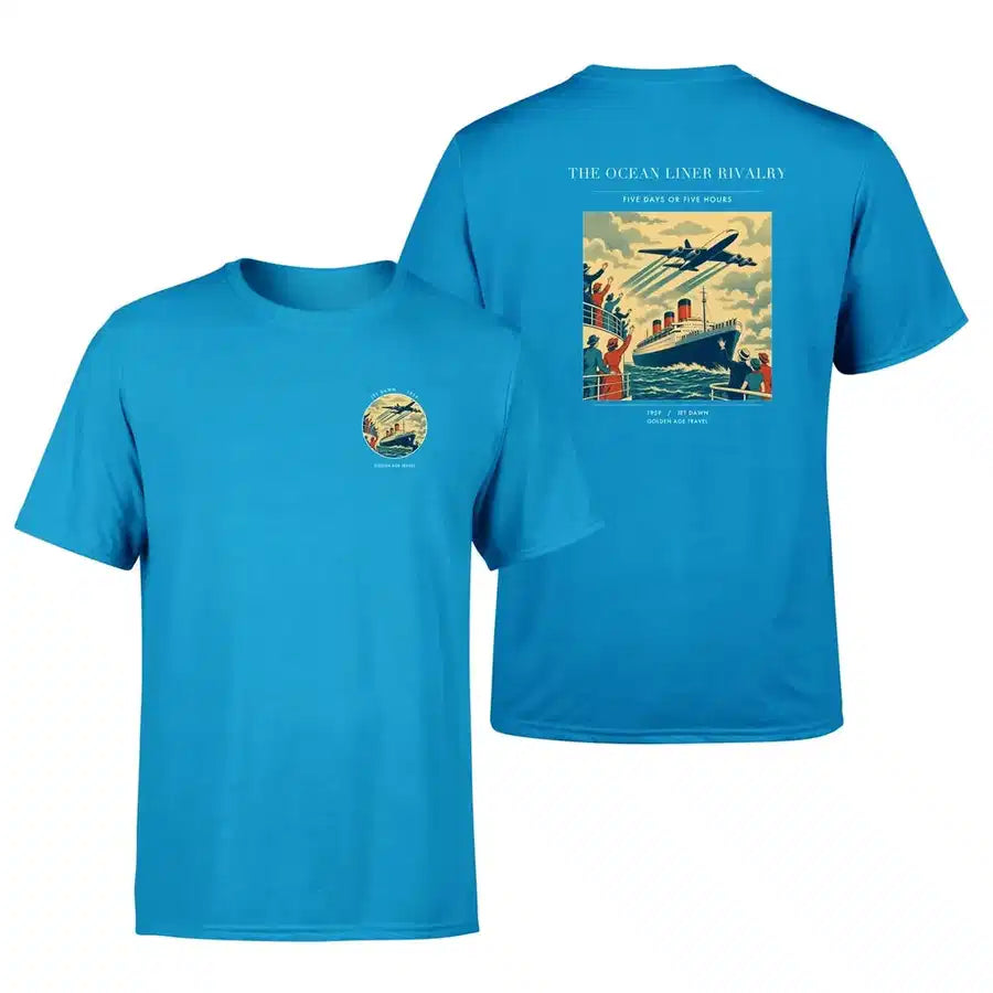 VINTAGE G4307 - The Ocean Liner Rivalry - Double-Side T-Shirt design on turquoise double side t shirt