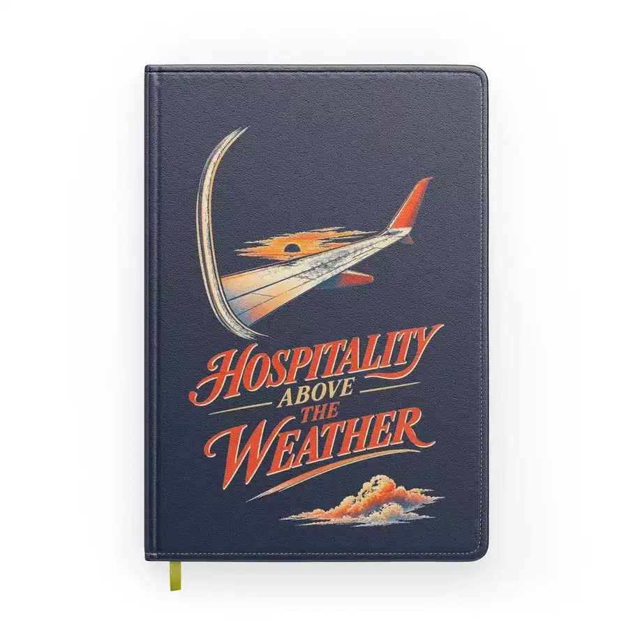 Hospitality Above The Weather design on navy blue notebook