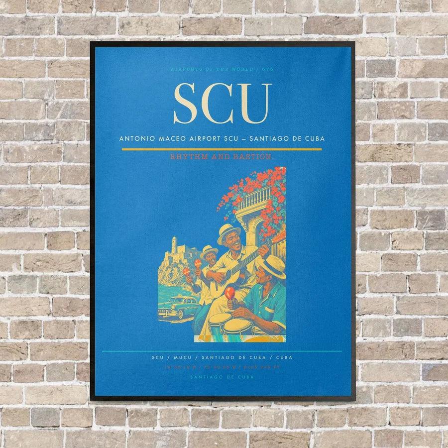 Antonio Maceo Airport SCU — Santiago de Cuba vertical canvas print - framed - turquoise background