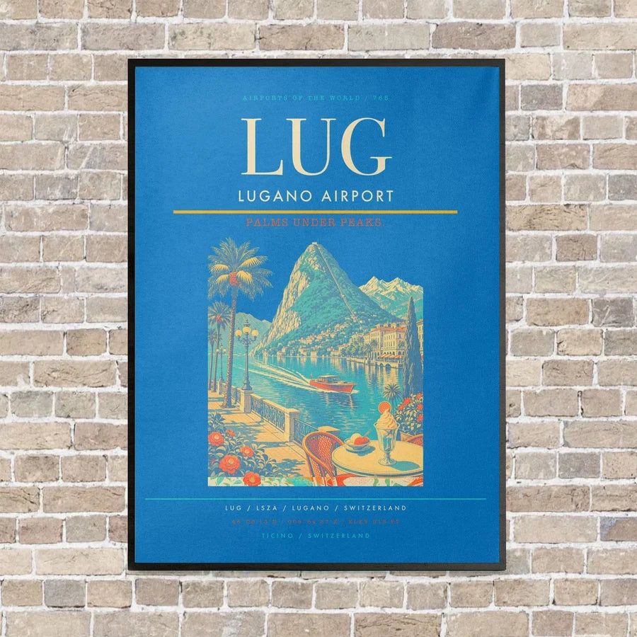 Lugano Airport LUG vertical canvas print - framed - turquoise background