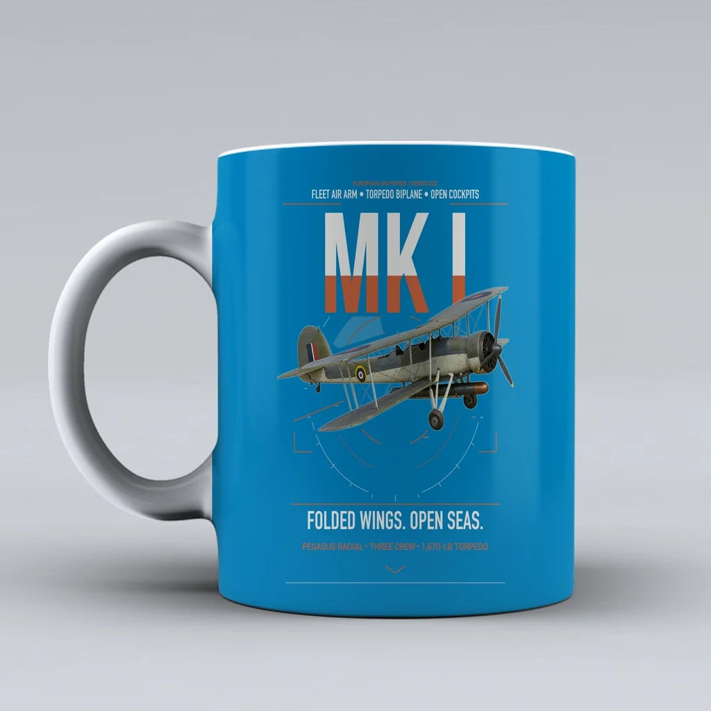 Fairey Swordfish Mk I design on turquoise ceramic mug, double-side print