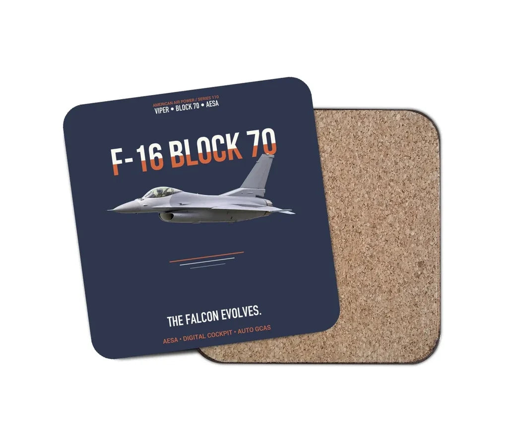 F-16 Block 70 The Falcon Evolves design on navy blue 1 piece coaster