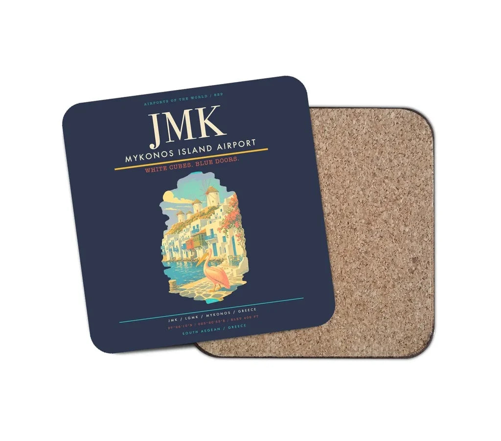 Mykonos Island Airport (JMK) design on navy blue 1 piece coaster