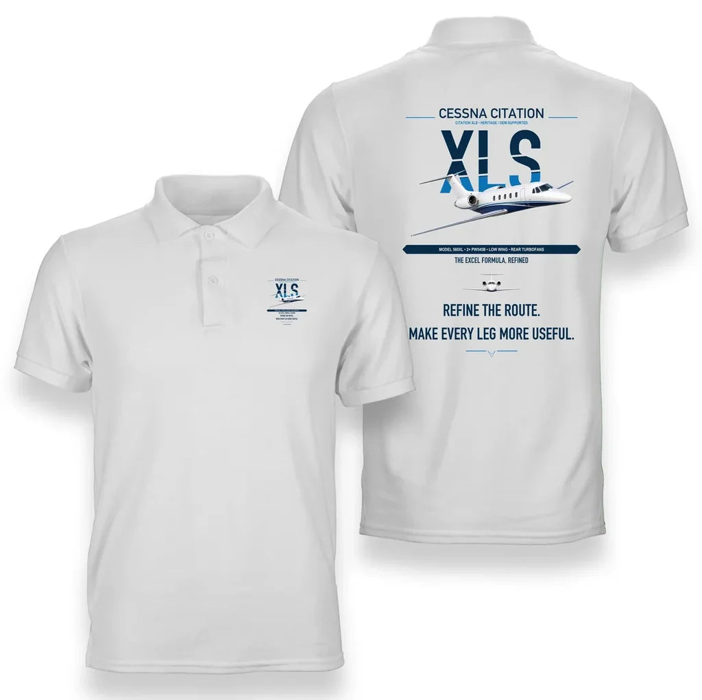 Cessna Citation XLS design on white double-side polo t-shirt, double-side print