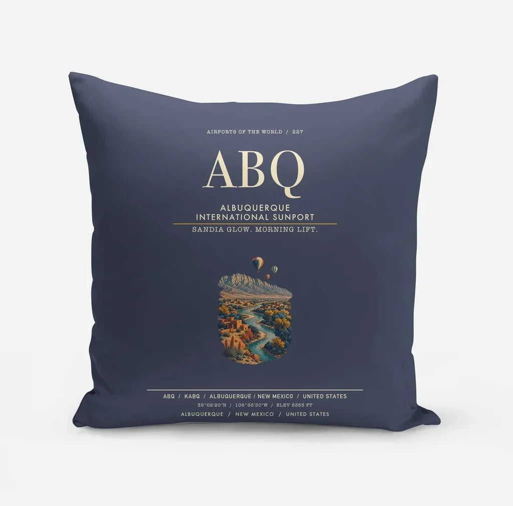 Albuquerque International Sunport (ABQ) design on navy blue pillow