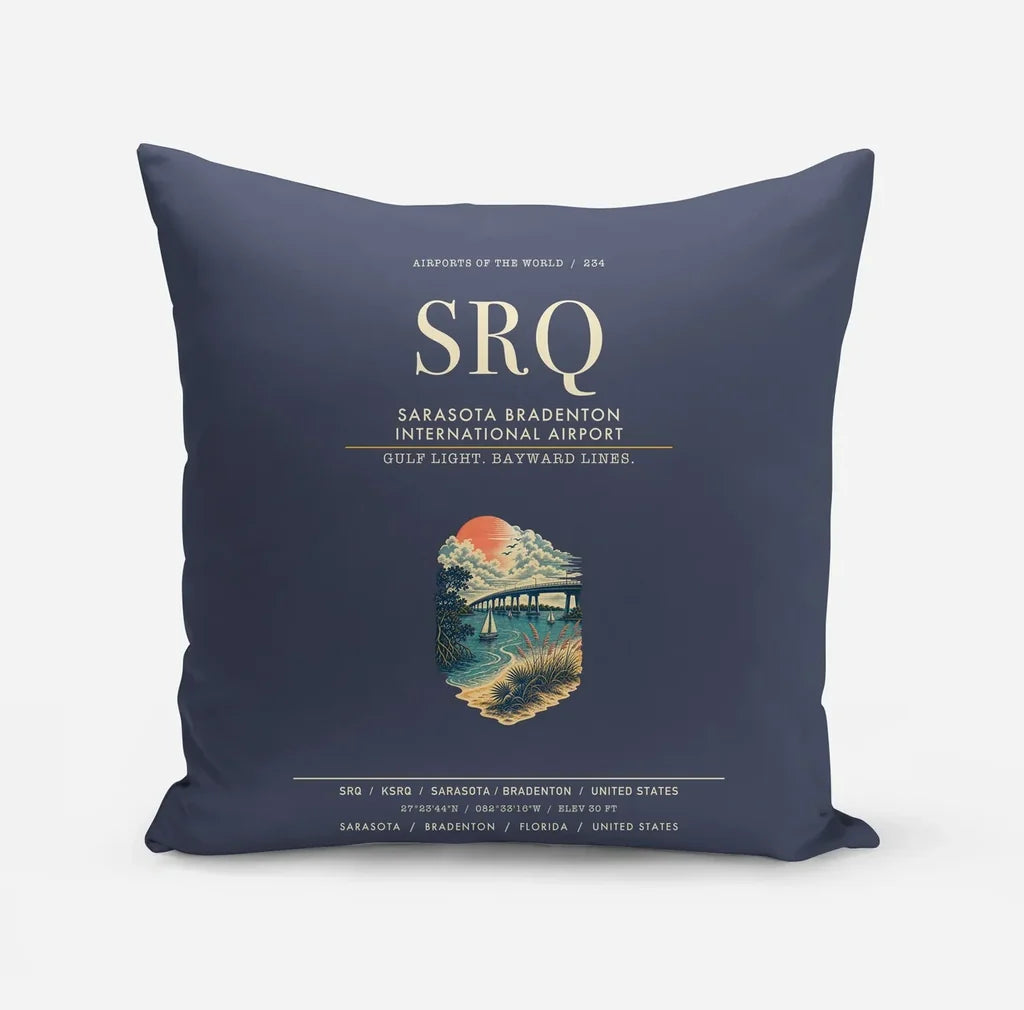 Sarasota Bradenton International Airport (SRQ) design on navy blue pillow