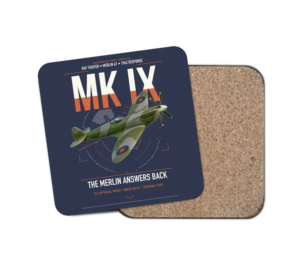 Supermarine Spitfire Mk IX design on navy blue 1 piece coaster