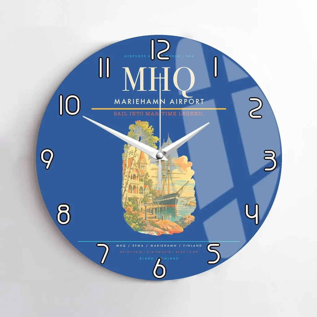 Mariehamn Airport (MHQ) design on blue no frame wall clock