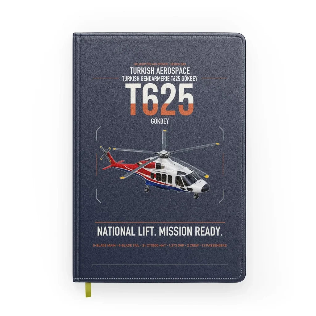 Turkish Aerospace T625 Gökbey design on navy blue notebook