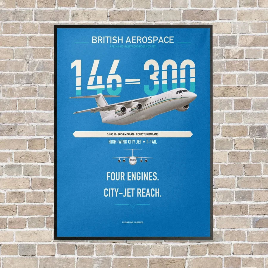 BAe 146-300 vertical canvas print - framed - turquoise background