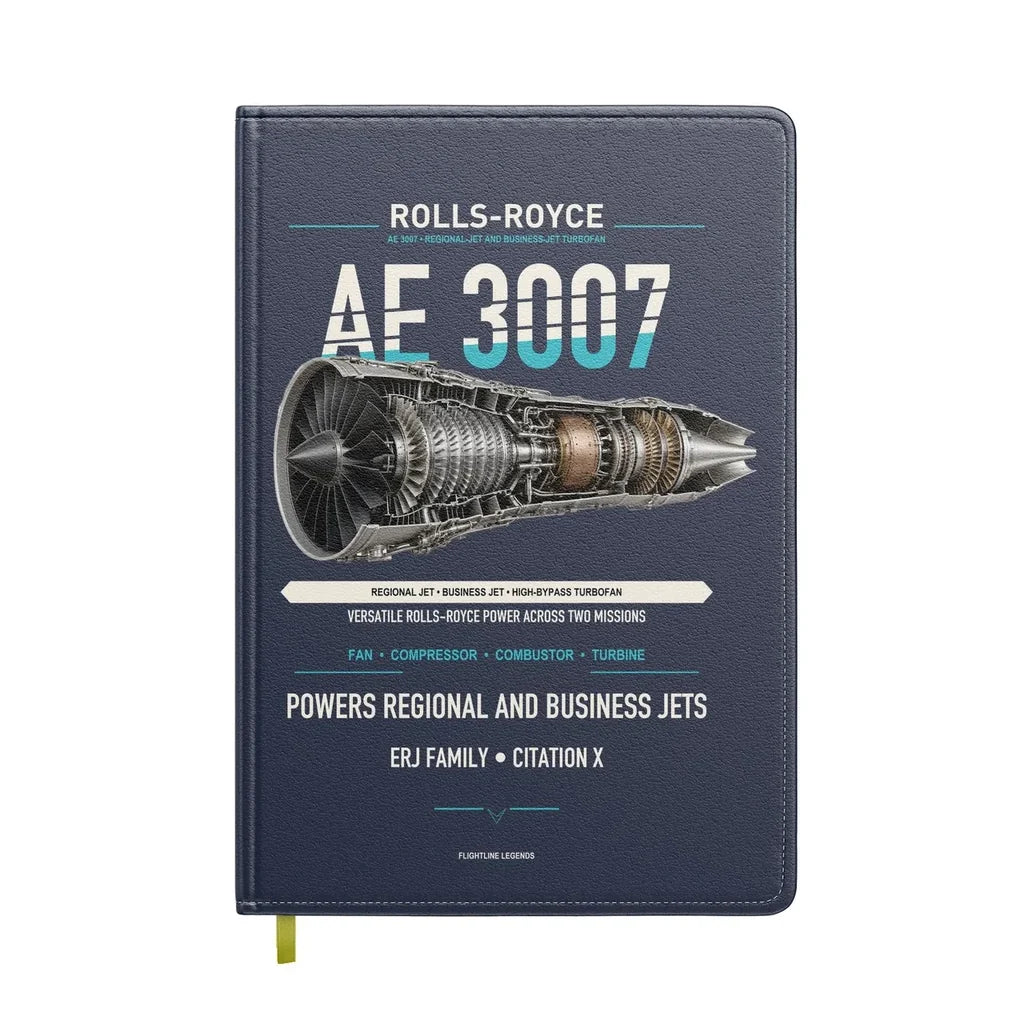 AE 3007 design on navy blue notebook