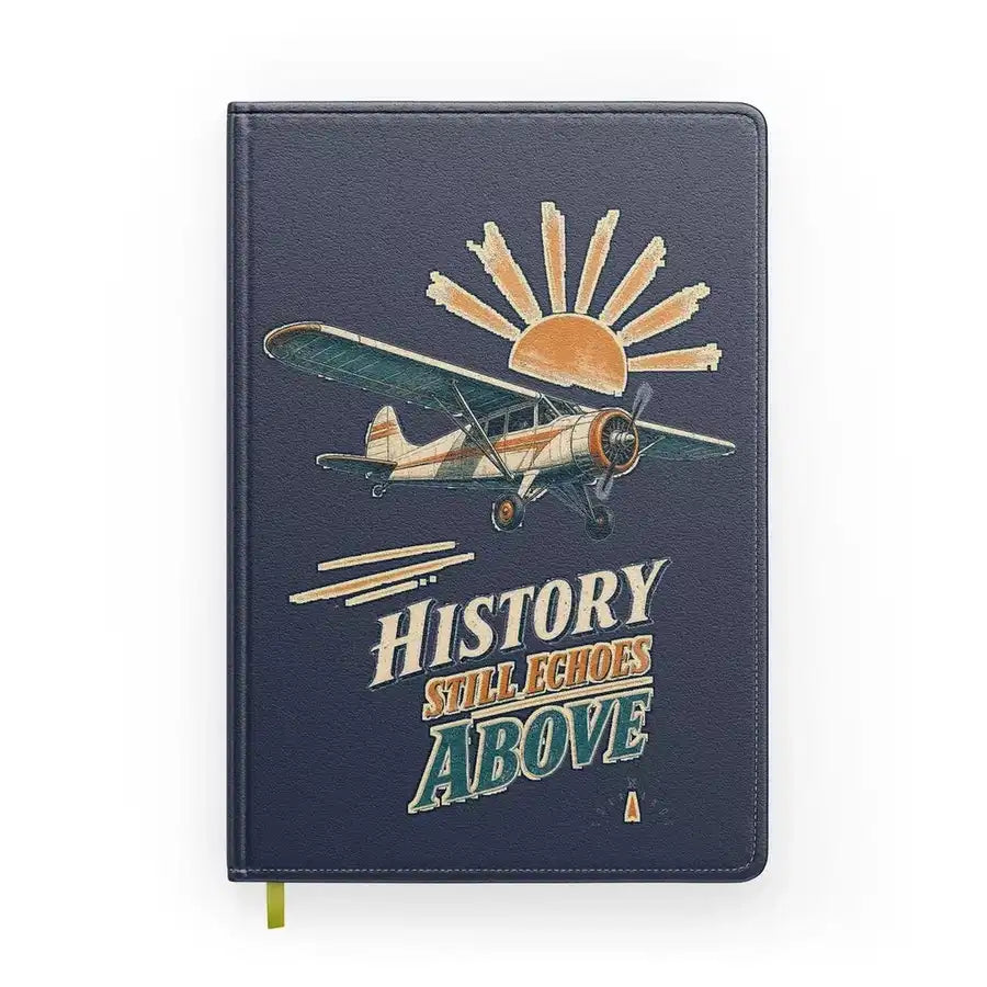 History Still Echoes Above design on navy blue notebook