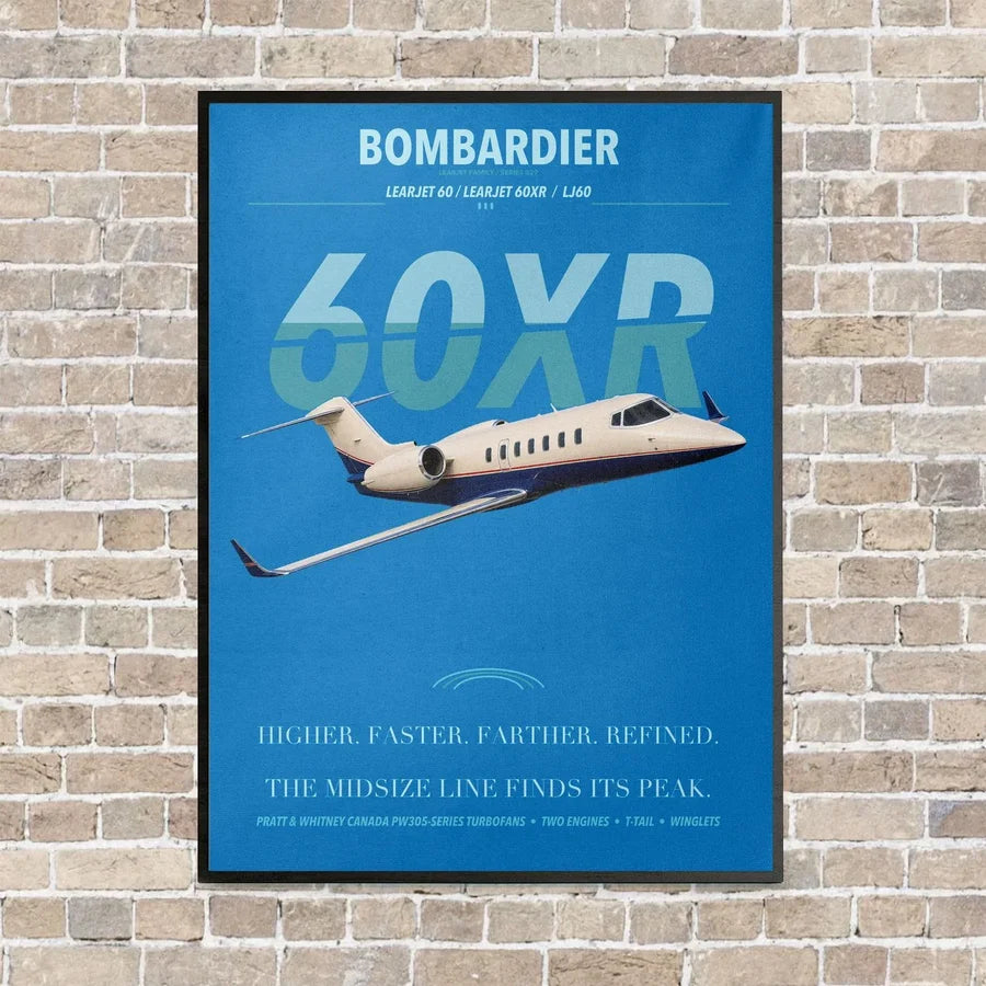 Bombardier Learjet 60XR vertical canvas print - framed - turquoise background