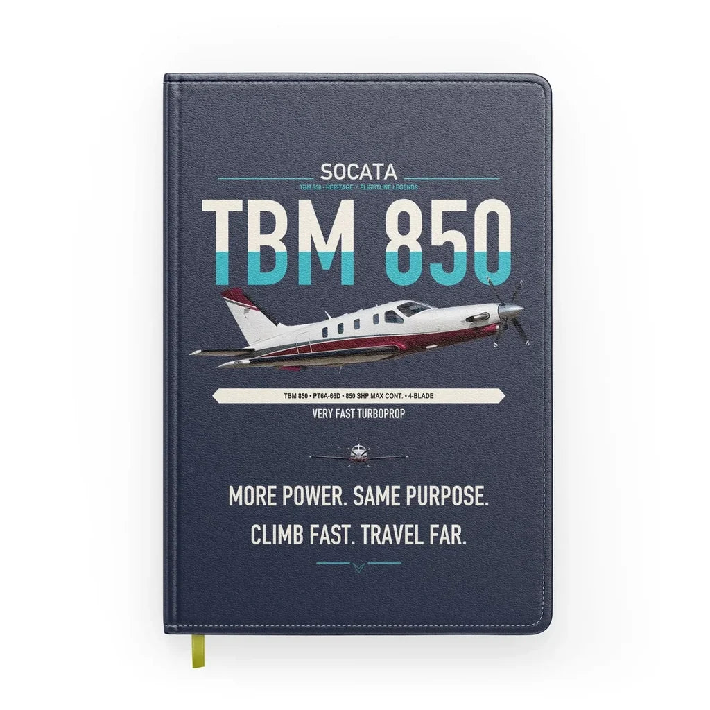 Socata TBM 850 design on navy blue notebook