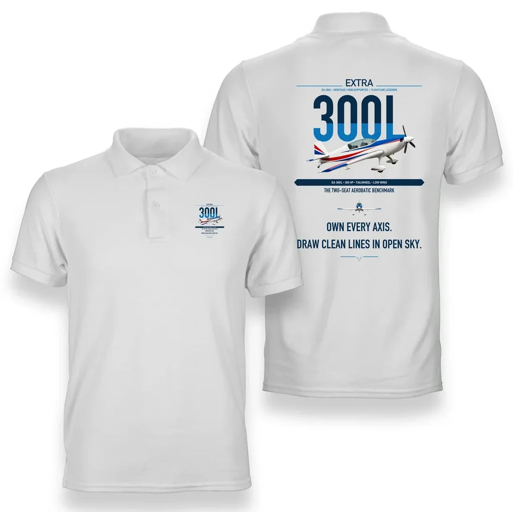 Extra 300L design on white double-side polo t-shirt, double-side print