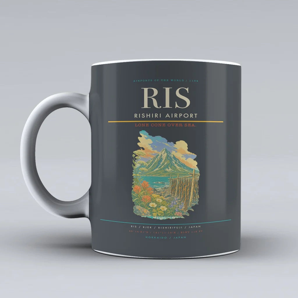 Rishiri Airport (RIS) airport code design on gray ceramic mug