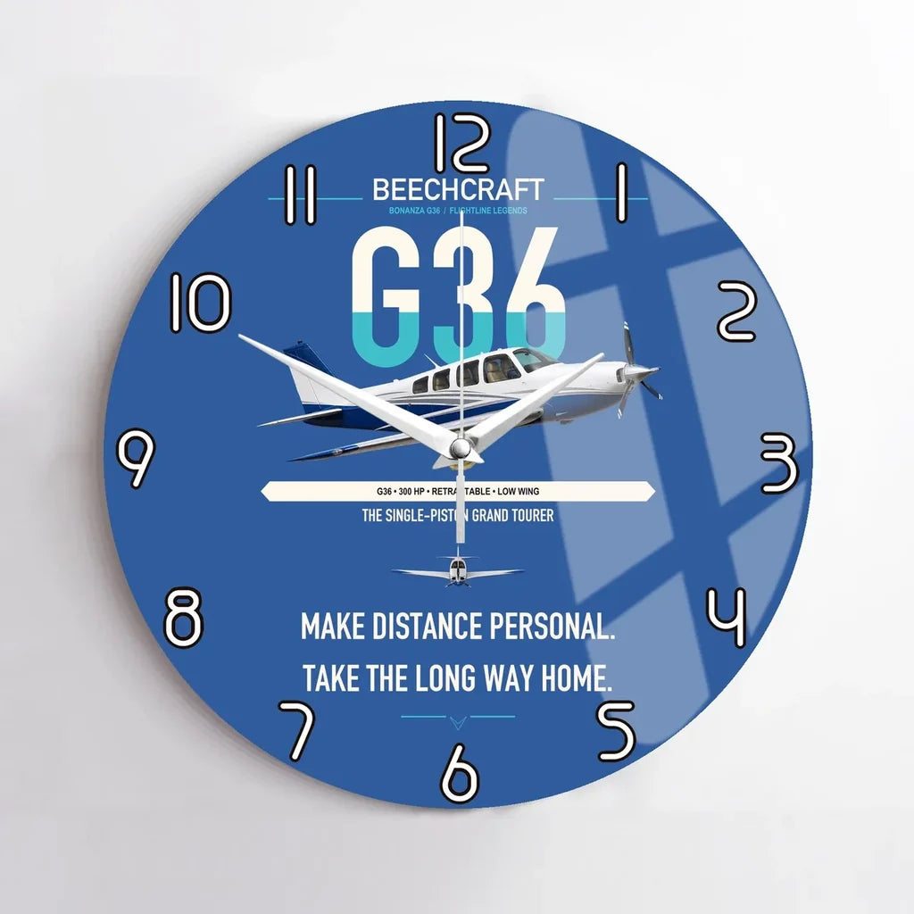 Beechcraft Bonanza G36 design on blue no frame wall clock