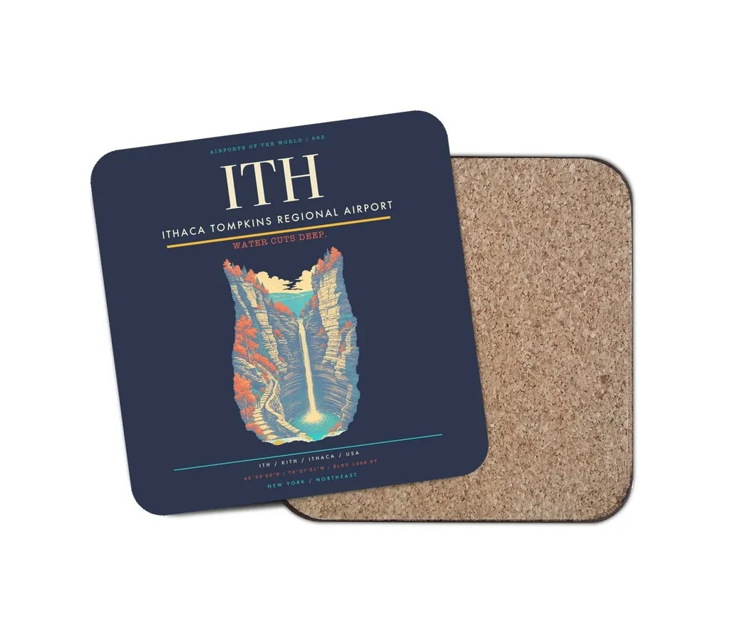 Ithaca Tompkins Regional Airport (ITH) design on navy blue 1 piece coaster