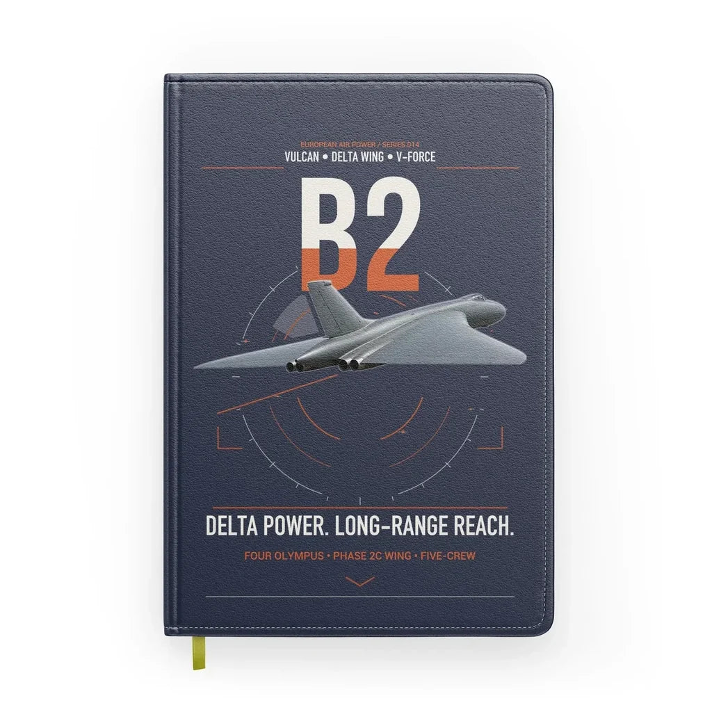 Avro Vulcan B2 design on navy blue notebook