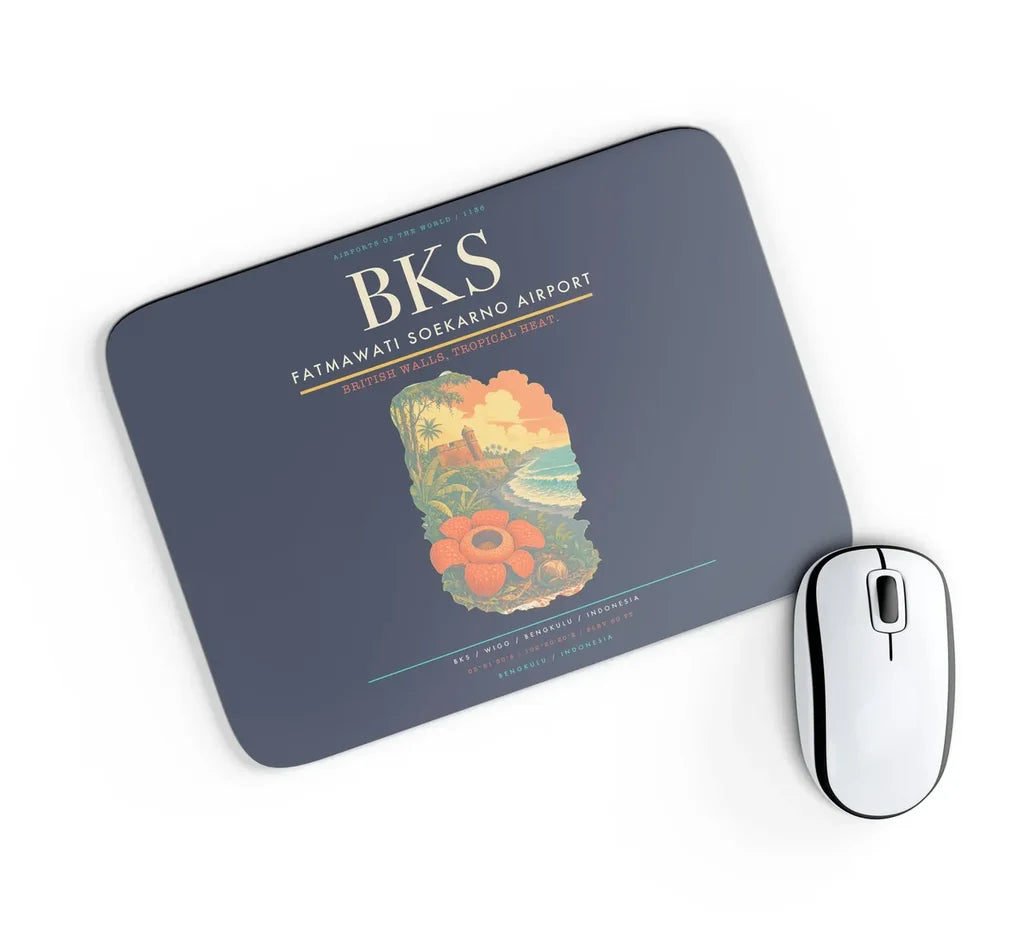 Fatmawati Soekarno Airport (BKS) design on navy blue rectangle mouse pad